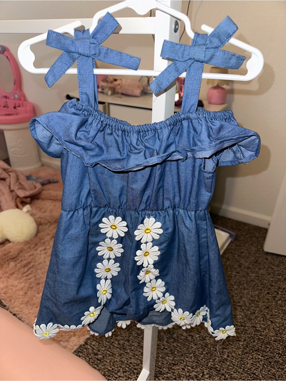 Blue Denim-Look Sundress with Daisy Appliqué